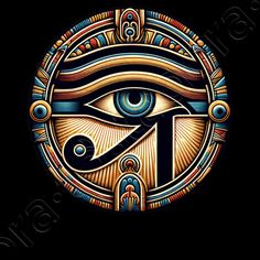 the eye of horush in gold and blue with an egyptian symbol on it