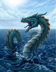 a large blue dragon sitting on top of a boat in the ocean