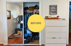 an open closet with clothes and other items on the shelves before and after it was cleaned