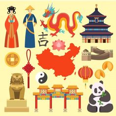 Vector de iconos de china | Premium Vector #Freepik #vector #viajes #ciudad #edificio #mujer Nautical Logo, Bahasa China, Panda Illustration, Happy Cartoon, Web Template Design, Chinese Traditional, Seamless Pattern Vector