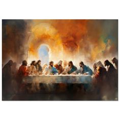 a painting of people sitting at a long table