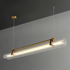 a modern light fixture hanging from the ceiling with two lights on each end, and an oval glass tube suspended above it