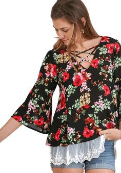 Crossed Neck Floral Bell Sleeve Tunic, Black Mix Spring Outfits Boho, Red Colour Dress, Brunch Dress, Women Design, Small B, Lace Tunic, Floral Tunic, Bell Sleeve Dress, Boho Look