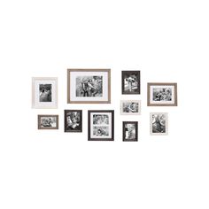 an assortment of black and white photos hanging on the wall