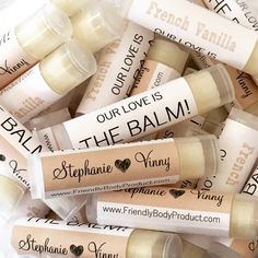 several lip bales with the words, our love is the balm