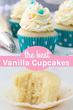 the best vanilla cupcakes with white frosting and sprinkles on top