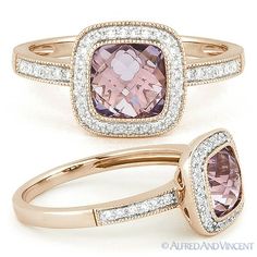 two different types of engagement rings with pink and white diamonds on top, one in the middle