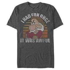 He's got "resting grouch face" but he sure looks good in the Disney Snow White and the Seven Dwarves Grumpy Fun Once Men's Tee. The crankiest dwarf, Grumpy, is portrayed across this funny Snow White tee. Size: 3XL.  Color: Gray.  Gender: male.  Age Group: adult.  Pattern: graphic. Disney Snow White, Snow White And The Seven Dwarfs, The Seven Dwarfs, Disney Men, Seven Dwarfs, Disney Shirt, Men's Graphic T Shirt, Mens Tee Shirts, Slim Fit Shorts