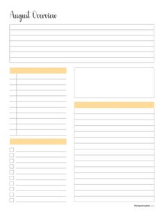 the printable august calendar is shown in yellow and white, with two lines on each side