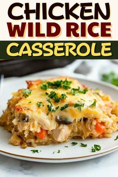 chicken wild rice casserole on a white plate