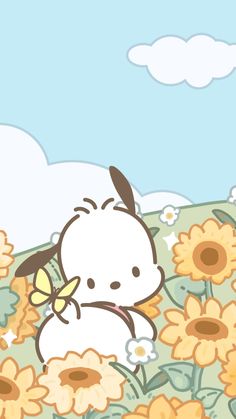 a cute little bunny holding a butterfly in the middle of sunflowers