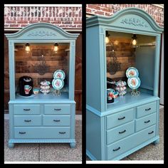 an old china cabinet painted in blue