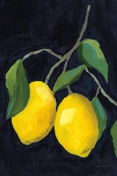 a painting of two lemons on a tree branch with green leaves and dark background