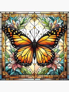 a stained glass window with an orange butterfly on it's wings and colorful leaves