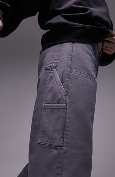 Carpenter pockets and panels distinguish these relaxed pants cut from nonstretch denim. 6" leg opening; 11 1/2" front rise; 15 1/2" back rise (size 32x32) Zip fly with button closure Five-pocket style 100% cotton Machine wash, line dry Imported Washed Black Straight Leg Cargo Jeans With Side Pockets, Washed Black Straight Leg Pants With Cargo Pockets, Straight Leg Washed Black Pants With Cargo Pockets, Urban Straight Leg Bottoms With Cargo Pockets, Fall Work Pants With Pockets And Straight Hem, High Rise Utility Jeans With Welt Pockets, Utility Washed Black Bottoms With Side Pockets, Washed Black Denim Cargo Bottoms, Urban Style Washed Black Bottoms With Patch Pockets