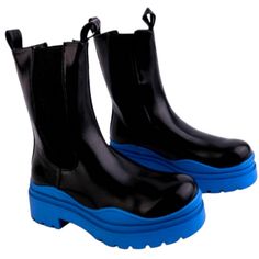 Jelly Bean New Biker, Rain, Grunge Style Boots - Mid - Chunky Heel - Black With Blue Trim Soles -Size: 8.5m Brand New With Box! Blue Round Toe Boots For Streetwear, Blue Boots For Streetwear In Spring, Blue Boots For Spring Streetwear, Blue High-top Platform Boots, Trendy Blue Leather Boots, Bold Black Ankle Boots, Casual Blue Platform Boots, Blue Boots With Lug Sole And Round Toe, Blue Round Toe Platform Boots For Fall