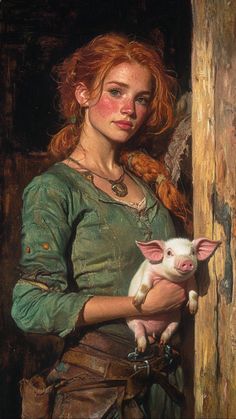 a painting of a woman holding a pig