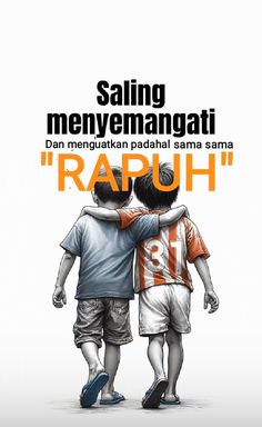 two young men are hugging each other in front of an orange and white background with the words saling menyemanganti