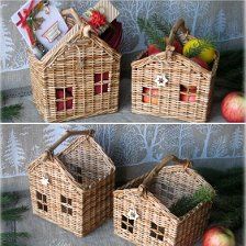 three baskets with small houses made out of wicker and decorated with christmas decorations on them