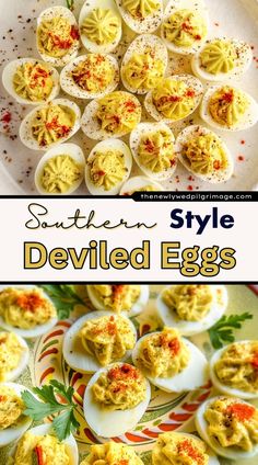 deviled eggs with red pepper sprinkled on them and the title says southern style deviled eggs