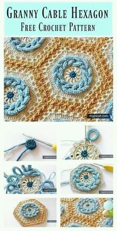 the crochet pattern for granny cable hexagon is shown in blue and beige