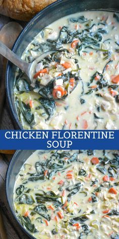 chicken florentie soup with spinach and carrots in a skillet