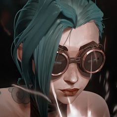 a woman with green hair and goggles on