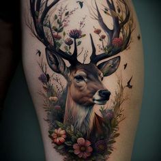 a woman's thigh with a deer and flowers on it