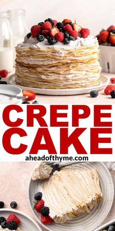 a crepe cake on a plate with berries and blueberries around the edges