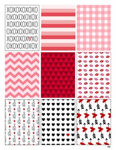 six different patterns and designs in pink, red, black and white colors with hearts