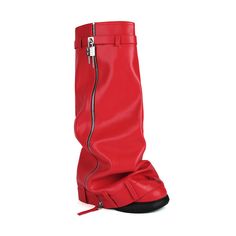 TAAFO Wide Fit Women Round Toe Overlay Shoes Lady Lock Shark Booties Cowgirls Zipper Thick Soles Knee High Boots Red-35 Red Leather Boots With Zipper Closure, Fold Over Boots, Platform Wedge Heels, High Heel Wedges, Leather Buckle, Platform Wedges, Wedge Heels, High Boots, Knee High Boots