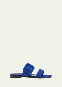 Manolo Blahnik Tituba Suede Buckle Dual-Band Sandals Summer Suede Sandals With Tang Buckle, Suede Sandals With Tang Buckle And Round Toe, Suede Footbed Sandals With Tang Buckle And Round Toe, Manolo Blahnik Sandals, Latest Sandal, T Strap Flats, Navy Shoes, Goat Leather, Blue Sandals