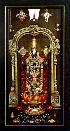 an image of the hindu god ganesha in gold and black frame with red flowers