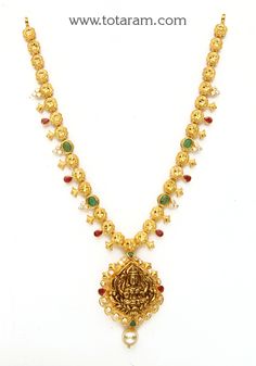 22 Karat Gold 'Lakshmi' Necklace with Cz, Ruby, Emerald & South Sea Pearls (Temple Jewellery)    - 235-GN4162 - in 19.500 Grams for USD $1682.89. 
Made in India by Totaram Jewelers Online this product is in Gold - 22 Karat BIS Hallmark 916 KDM Gold  & is an excellent gift for Adult - Women. Ships fully insured with secured guaranteed delivery for free with your order over $250 from New Jersey USA & comes with 30 days exchange policy. Luxury Yellow Gold Temple Necklace With Ruby, 22k Gold Necklace, Temple Jewelry Necklace, Gold Temple Jewellery, Ruby Emerald, South Seas, South Sea Pearls, Sea Pearls, Temple Jewellery