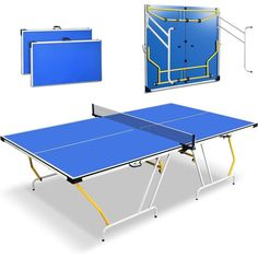 a blue ping pong table with an open case on the back and two tables attached to it