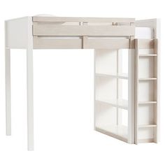 a white desk with shelves underneath it and an open door on the bottom right side