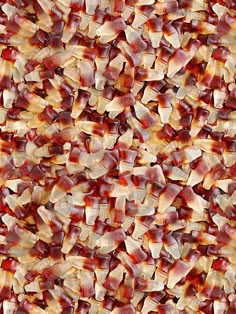 an image of many pieces of food that are red and yellow in color on the surface