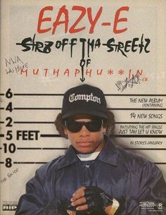 a man wearing sunglasses and a hat standing in front of a mugshot sign with the words eazy e on it