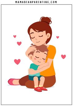 a woman holding a child in her arms and sitting on the floor with hearts around it