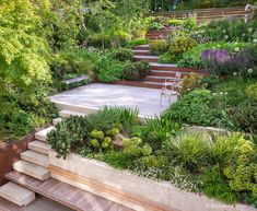 an outdoor garden with steps and plants on the sides, surrounded by trees and shrubs