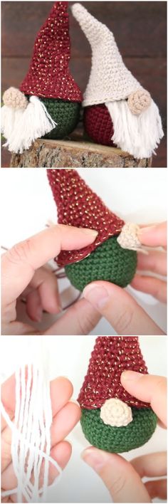 crocheted gnome hat made with yarn is shown in three different colors and sizes