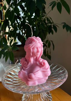 a pink candle sitting on top of a glass plate next to a potted plant