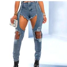 Super Trendy Nice Evening Or Day Out! Add Your Perfect Belt And Complete The Look! Ripped High Waist Bottoms For Night Out, Ripped Stretch Bottoms For Day Out, Stretch Ripped Bottoms For Day Out, Ripped Cutoff Bottoms For Night Out, Ripped High-waist Bottoms For Day Out, Shredded Jeans, Ripped Boyfriend Jeans, Zipper Jeans, Pants Denim