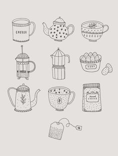 teapots and cups are shown in black and white