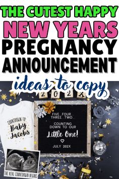 the new year's pregnancy announcement with photos and confetti on it, including congratulations