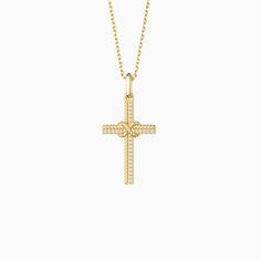 This Infinity Knot Cross Pendant Necklace beautifully symbolizes the connection of faith and eternity. The design showcases a striking contrast between the textured half-knot detail and the delicate stones that line the cross. At the center, an infinity symbol serves as a powerful representation of eternal love, unity, and unbreakable bonds. The intricate knotwork and sparkling stones come together to create a meaningful piece that carries the weight of both elegance and spiritual significance, Infinity Knot, Infinity Symbol, Cross Pendant Necklace, Eternal Love, The Cross, Showcase Design, Necklace Length, Cross Pendant, Chain Length