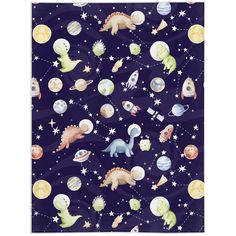 the space themed shower curtain with dinosaurs and planets in blue, on a white background