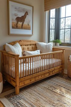 a baby's bed in front of a window with a giraffe painting on the wall