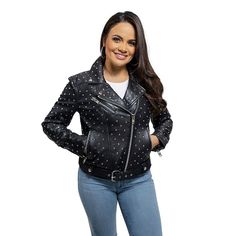 Motorcycle styling and studded details make this women's Whet Blu leather jacket an edgy last layer. Motorcycle styling and studded details make this women's Whet Blu leather jacket an edgy last layer. Wind resistant shell Metal studs add an edgy touch Zipper closure Long sleeves Real Leather construction Lined 3 exterior, 2 interior pocketsFIT & SIZING Designed to hit just below the waist LightweightFABRIC & CARE 100% lambskin leather Lining: polyester Dry clean Imported Size: X Small. Fitted Studded Biker Jacket For Spring, Fitted Rocker Outerwear With Studs, Fall Leather Biker Jacket With Studs, Spring Biker Leather Jacket With Studs, Fitted Studded Leather Jacket For Spring, Biker Leather Jacket With Studs For Spring, Biker Style Studded Leather Jacket For Spring, Winter Fitted Studded Leather Jacket, Winter Leather Outerwear With Studs