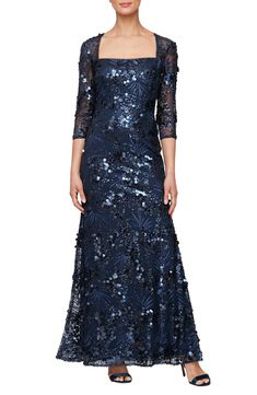 Alex Evenings Sequin Square Neck Trumpet Gown available at #Nordstrom Simple Long Gown, Gown With Short Sleeves, Chiffon Jacket, Trumpet Skirt, Black Tie Dress, Alex Evenings, Sequin Gown, Women Formals